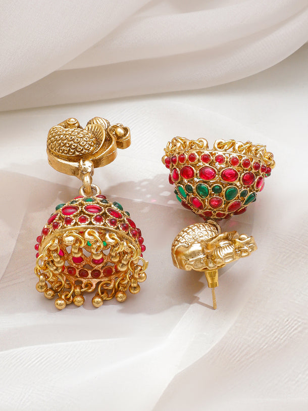 Golden Studded Temple Peacock Necklace Set