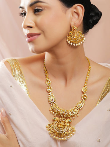 Laxmi Motif Pearl Drop Golden Necklace Set