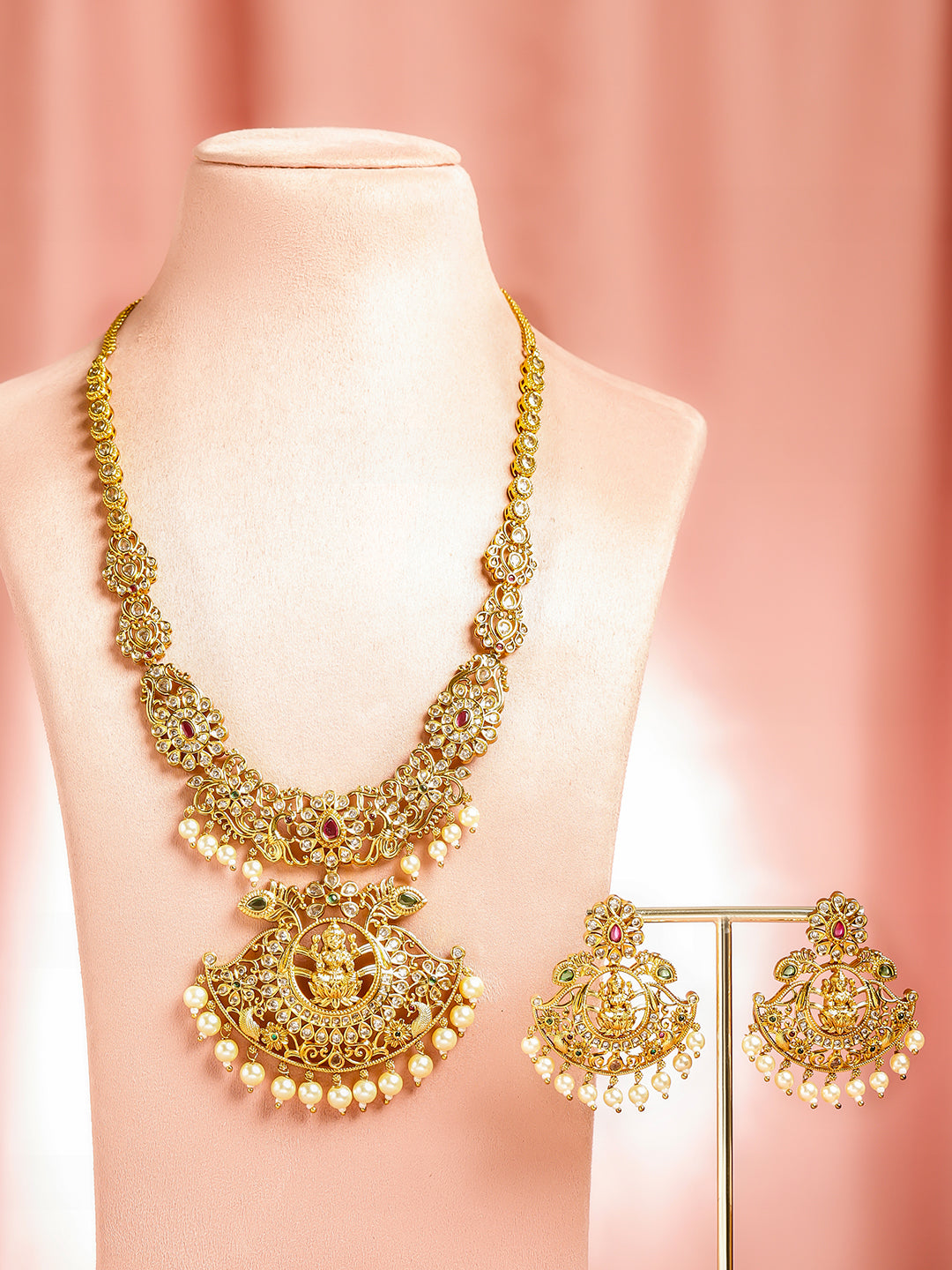 Laxmi Motif Pearl Drop Golden Necklace Set