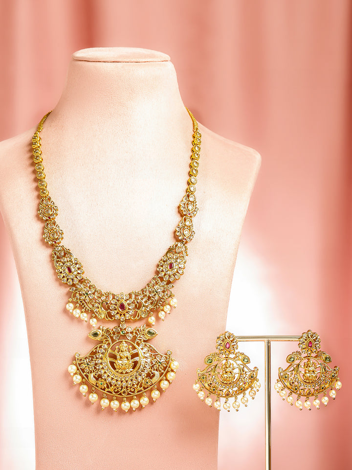 Laxmi Motif Pearl Drop Golden Necklace Set