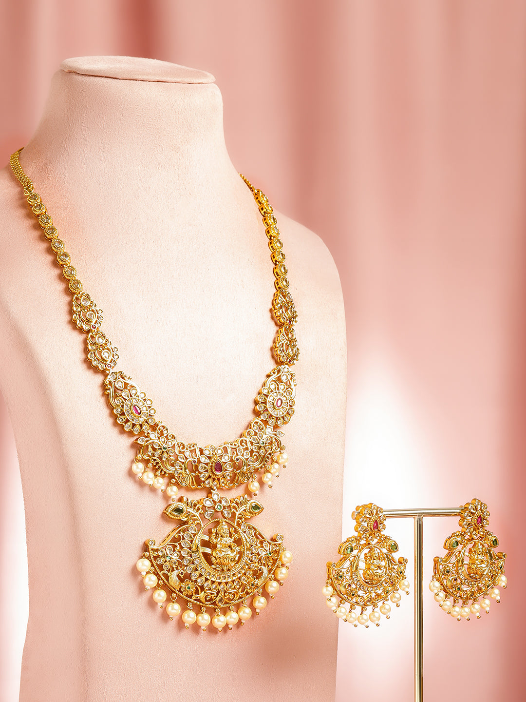 Laxmi Motif Pearl Drop Golden Necklace Set