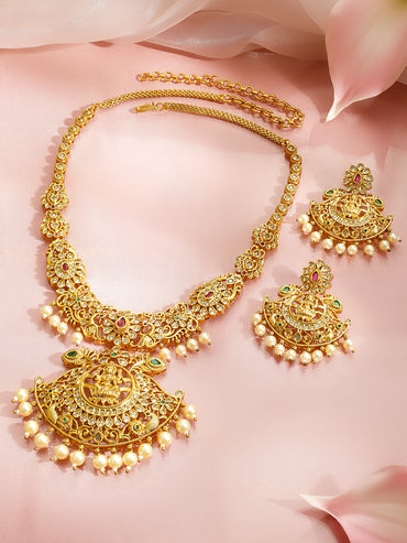 Laxmi Motif Pearl Drop Golden Necklace Set