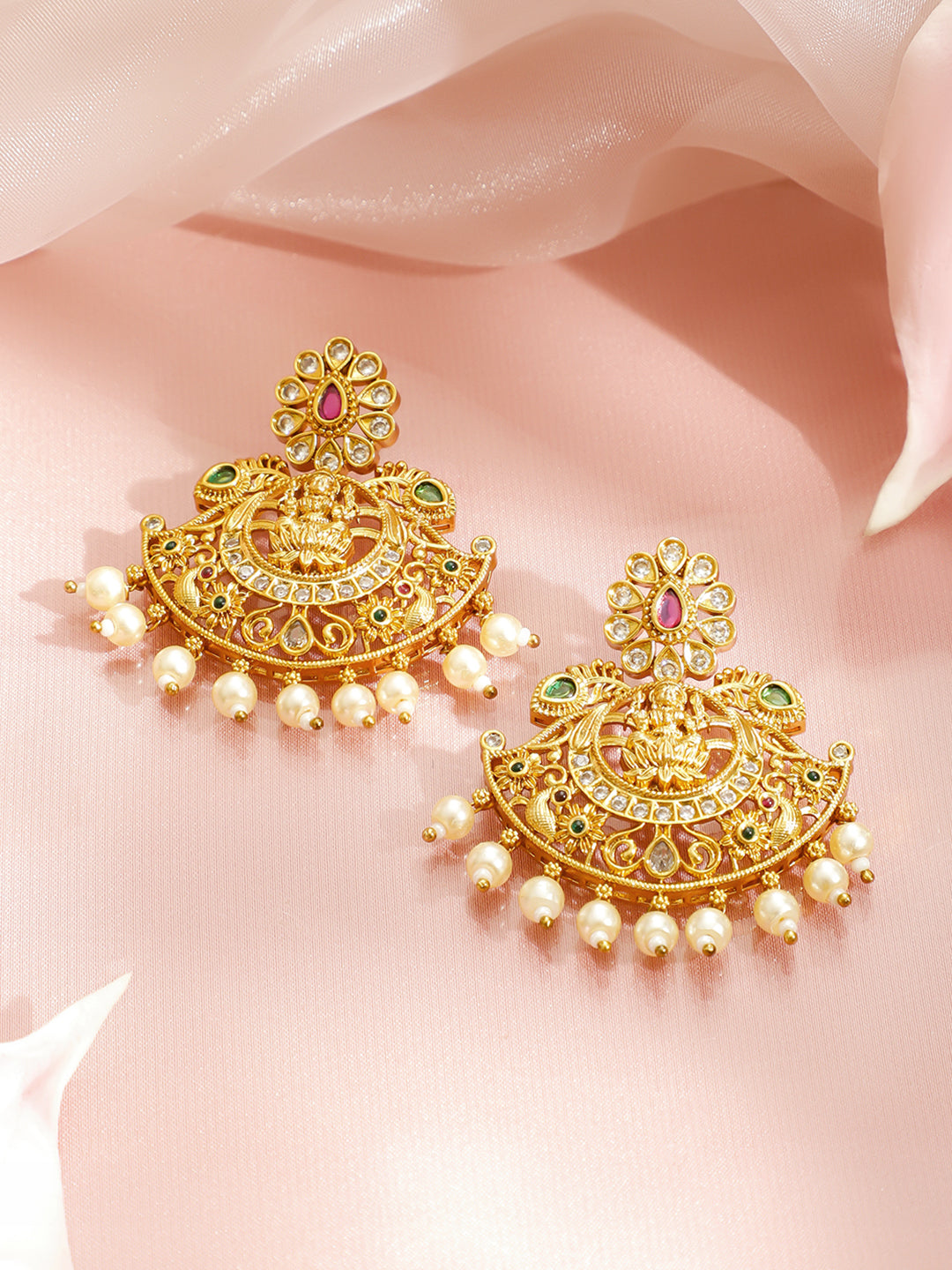 Laxmi Motif Pearl Drop Golden Necklace Set