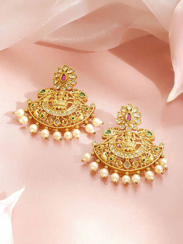 Laxmi Motif Pearl Drop Golden Necklace Set