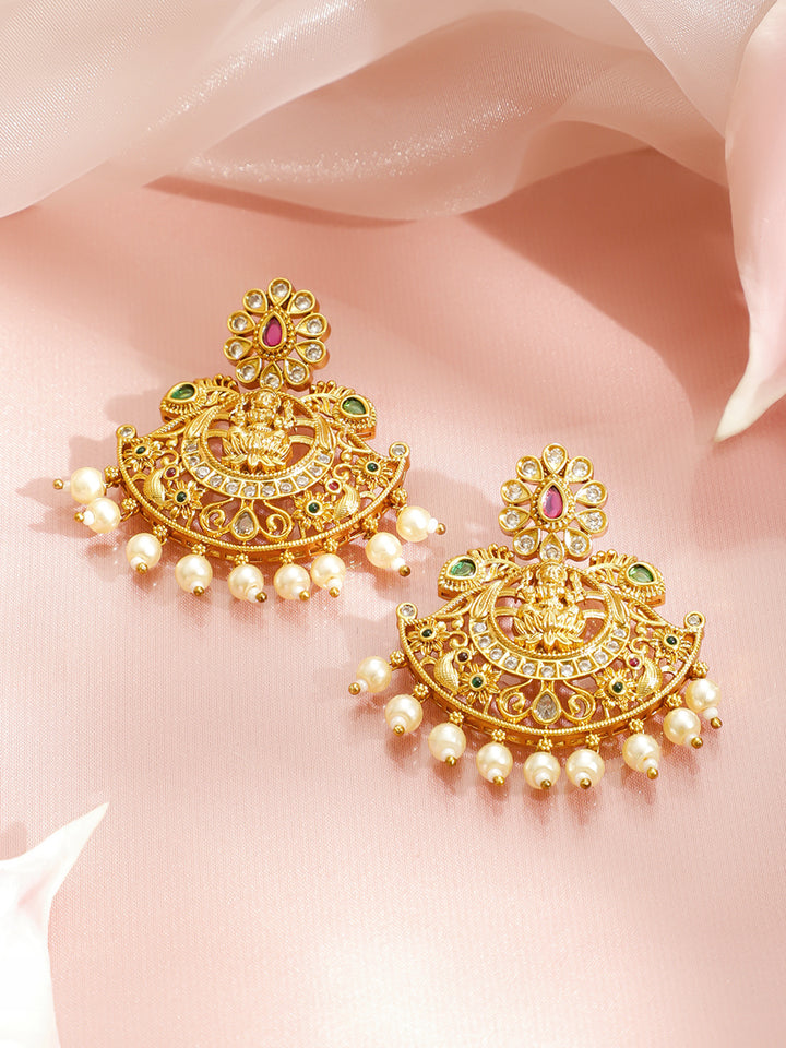 Laxmi Motif Pearl Drop Golden Necklace Set