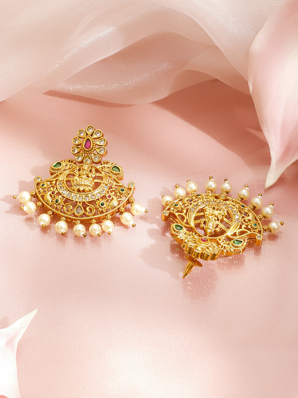 Laxmi Motif Pearl Drop Golden Necklace Set