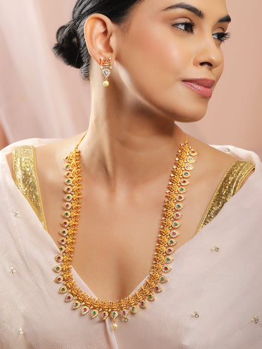 Green & Red Laxmi Motif Long Necklace Set