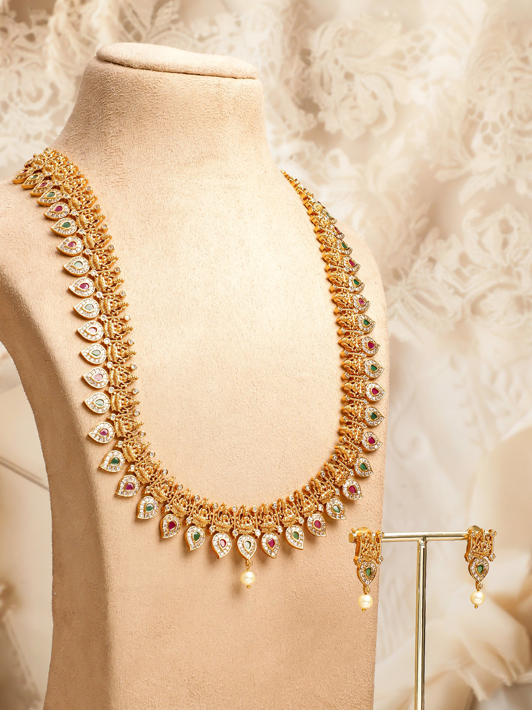 Green & Red Laxmi Motif Long Necklace Set