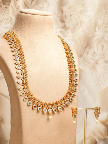 Green & Red Laxmi Motif Long Necklace Set