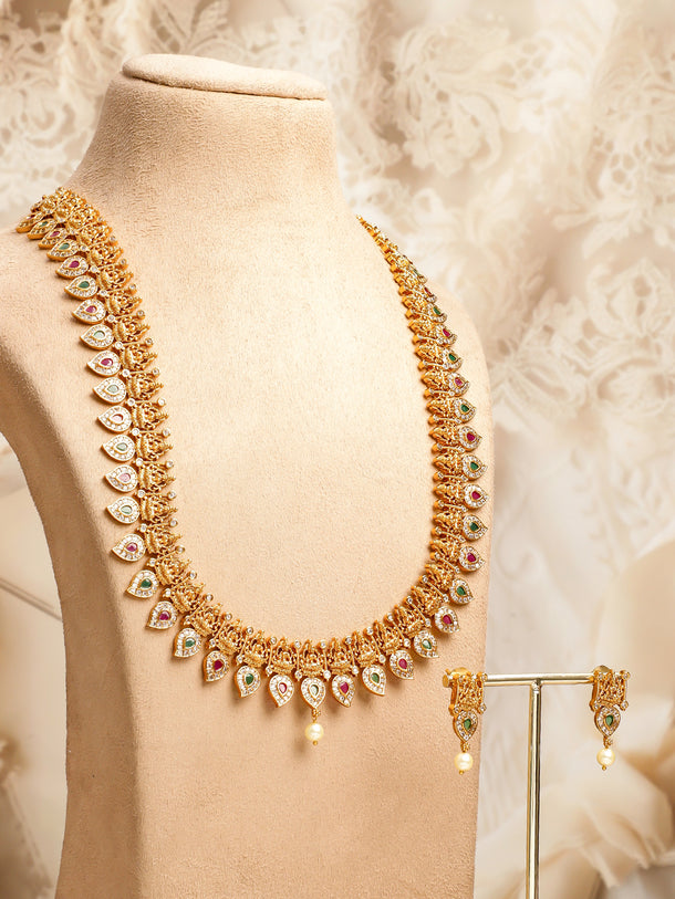 Green & Red Laxmi Motif Long Necklace Set