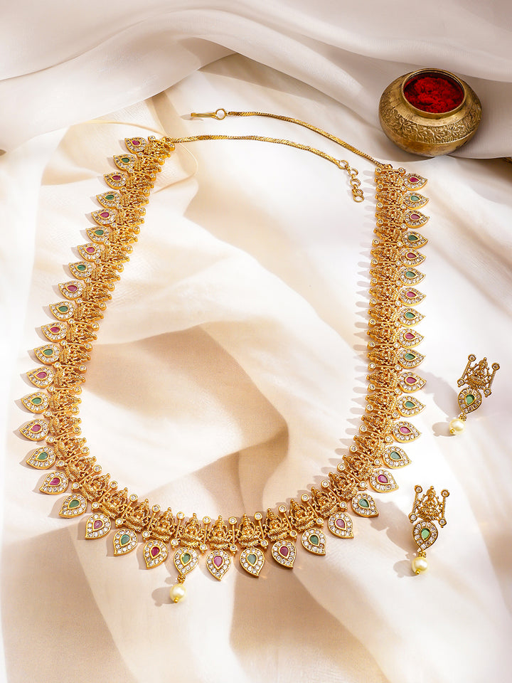Green & Red Laxmi Motif Long Necklace Set
