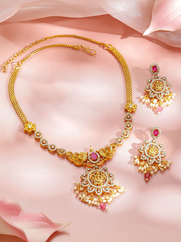 Temple Aura Lakshmi Pink Necklace Set