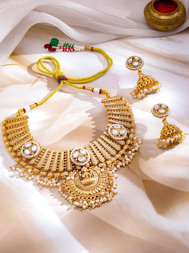 Laxmi Motif Pearl Drop Gold Necklace Set