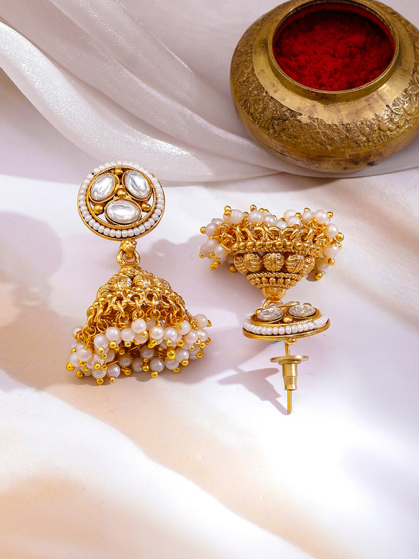 Laxmi Motif Pearl Drop Gold Necklace Set