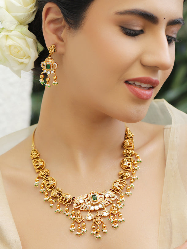 American Diamond Zirconia Elephant Motif Temple Necklace Set