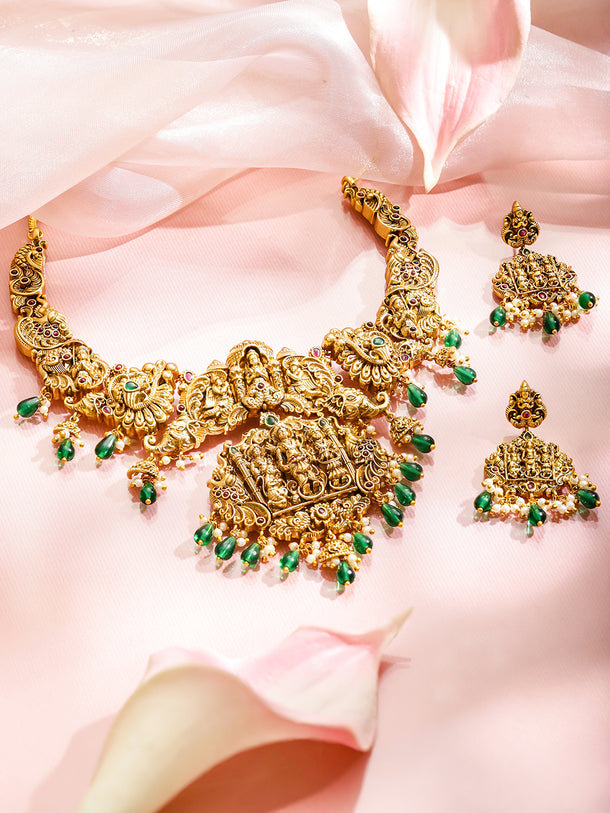 Elephant Motif Green Beaded Temple Necklace Set