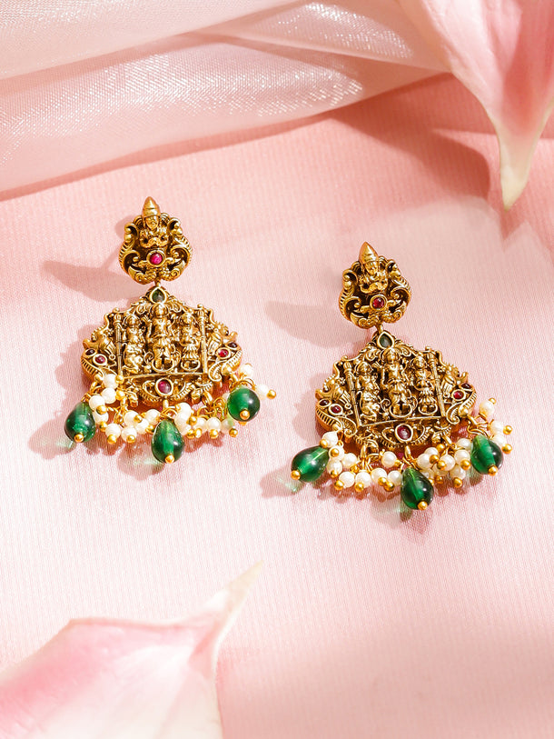 Elephant Motif Green Beaded Temple Necklace Set