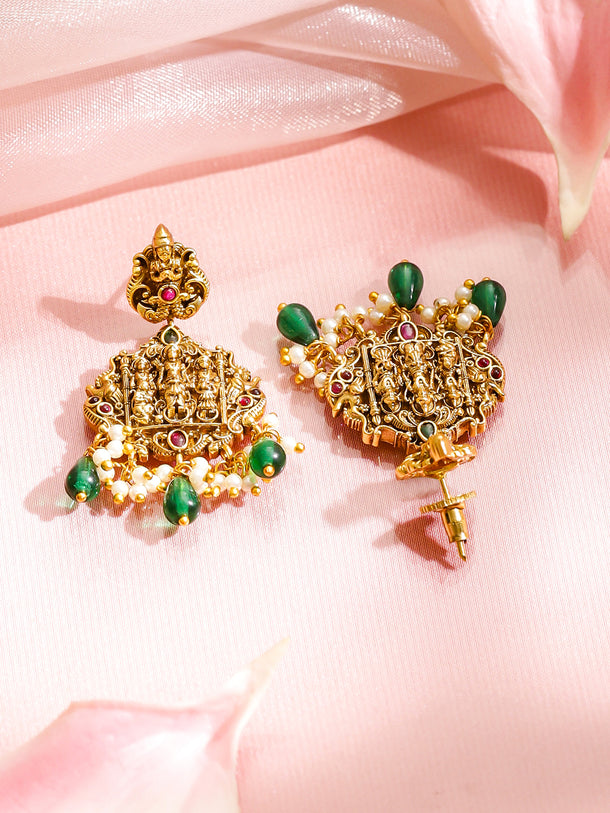 Elephant Motif Green Beaded Temple Necklace Set