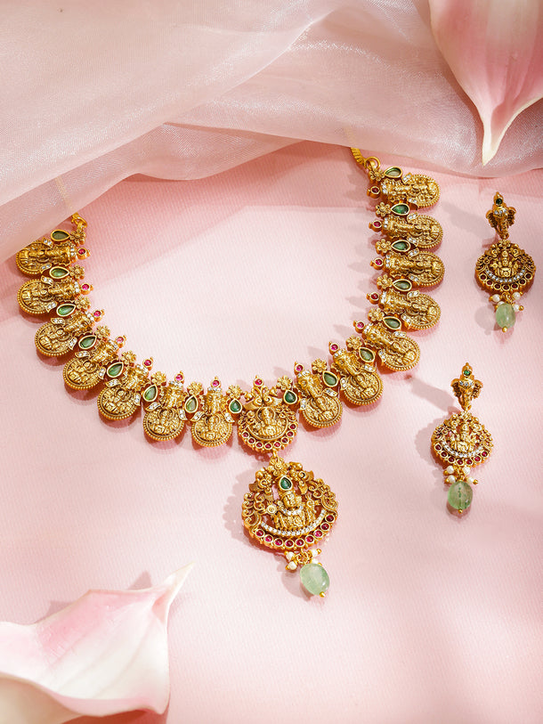 Elephant Motif Green & Red Studded Temple Necklace Set