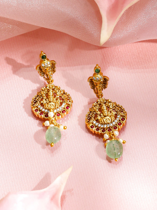 Elephant Motif Green & Red Studded Temple Necklace Set