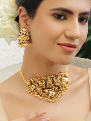 Multicolor Studded Peacock Motif Temple Necklace Set