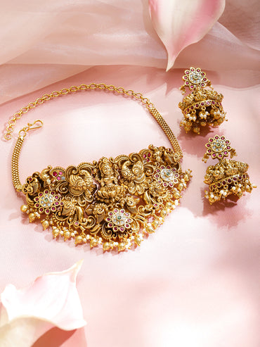 Multicolor Studded Peacock Motif Temple Necklace Set