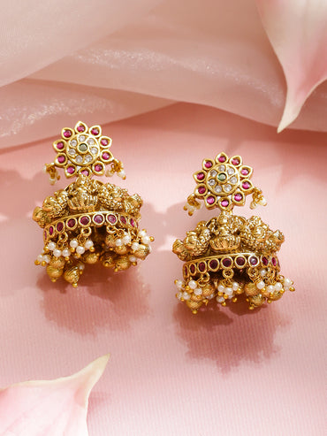 Multicolor Studded Peacock Motif Temple Necklace Set