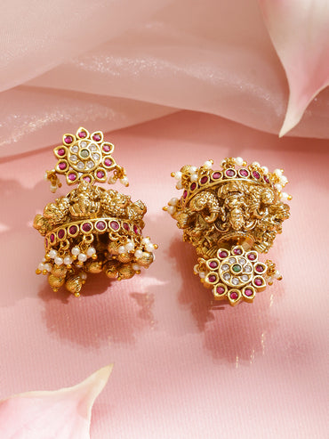 Multicolor Studded Peacock Motif Temple Necklace Set