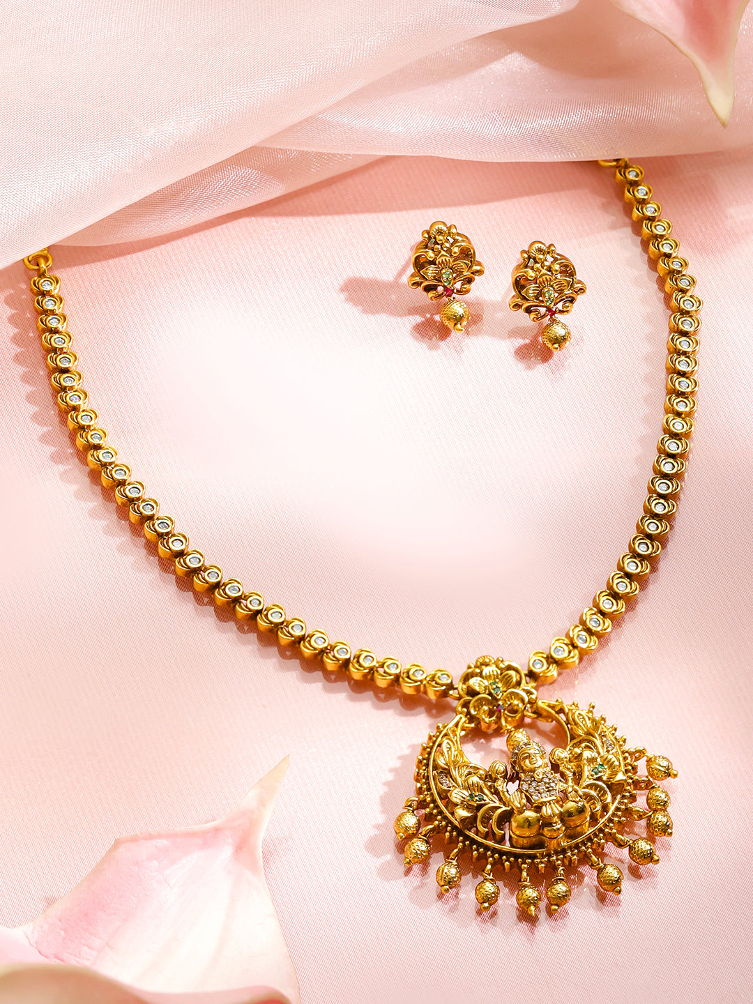 Rubans 18K Gold-Plated Cubic Zirconia Studded & Beaded Necklace With Earrings