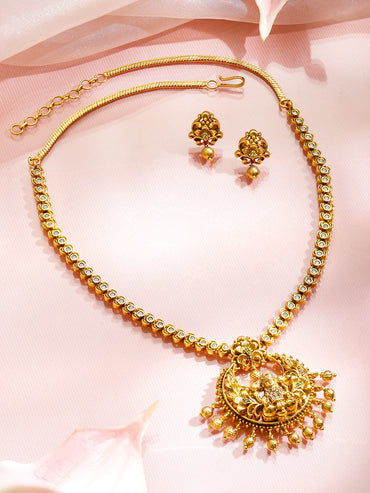 Rubans 18K Gold-Plated Cubic Zirconia Studded & Beaded Necklace With Earrings