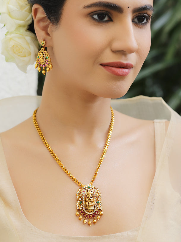 Pink & White Studded Ganesh Motif Necklace Set