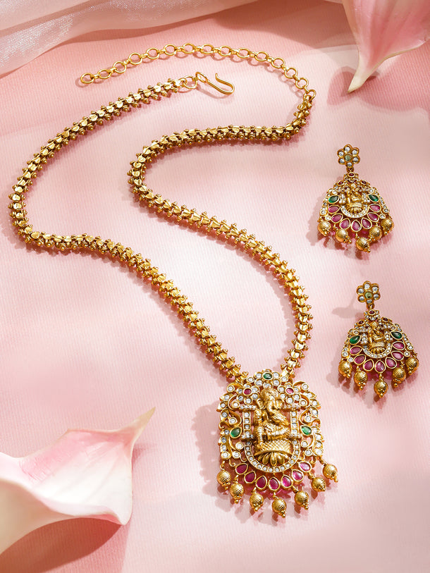 Pink & White Studded Ganesh Motif Necklace Set