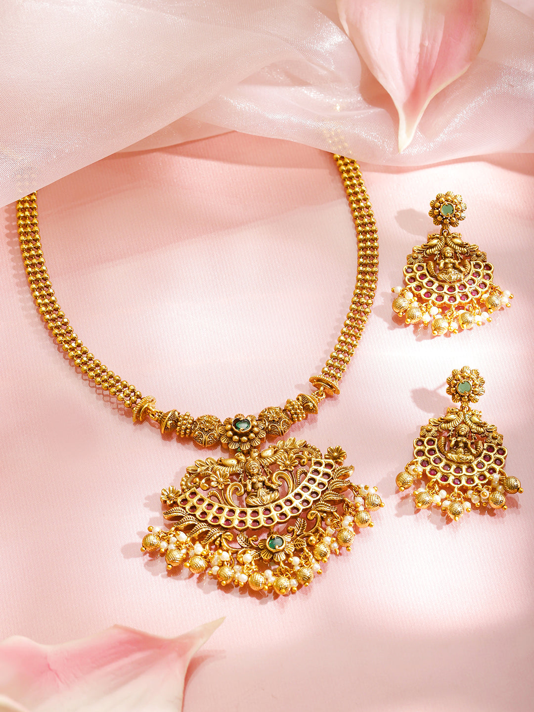 Laxmi Motif Green Studded Gold Necklace Set