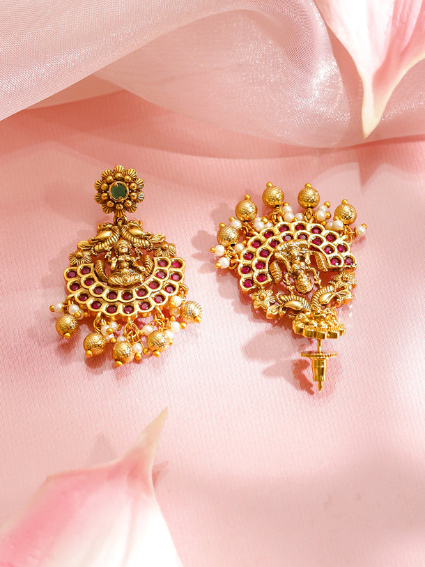 Laxmi Motif Green Studded Gold Necklace Set