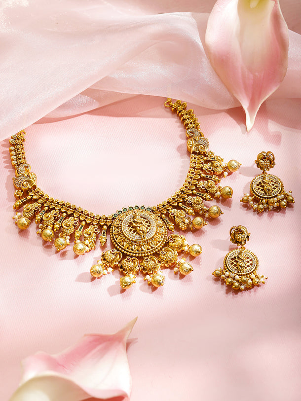 Ganesh Motif Gold Temple Necklace Set