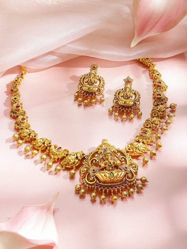 Ganesh Motif Gold Drop Necklace Set
