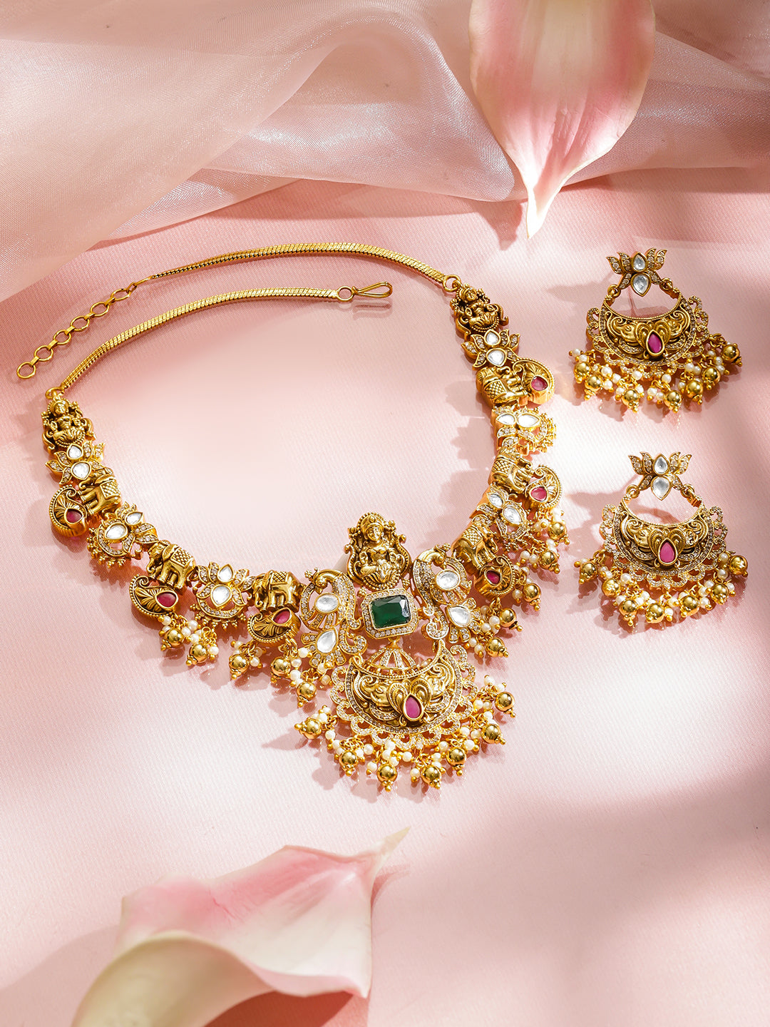 Multicolor Studded Laxmi Motif Gold Necklace Set