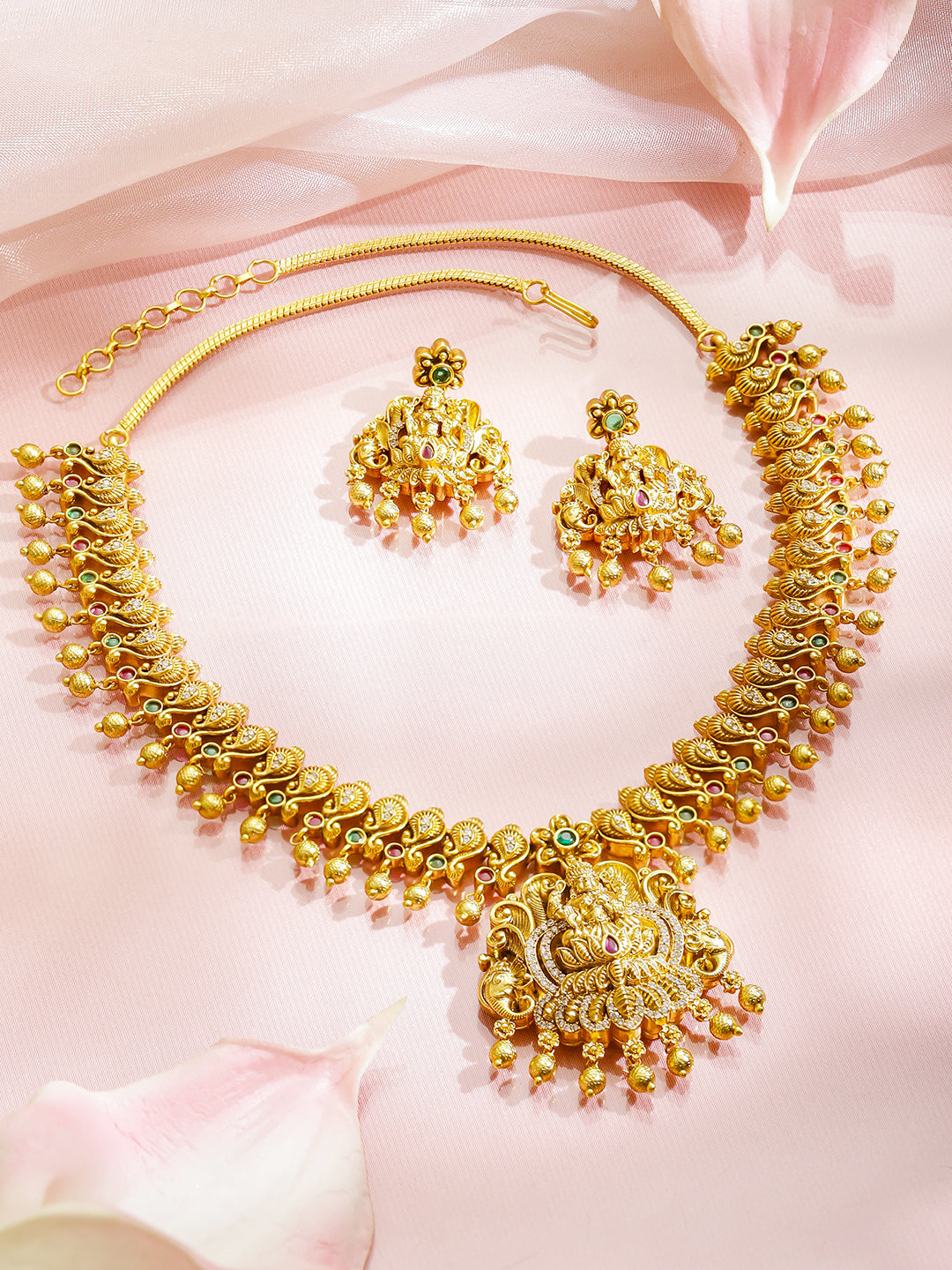 Lakshmi Idol Green-Pink Necklace Set