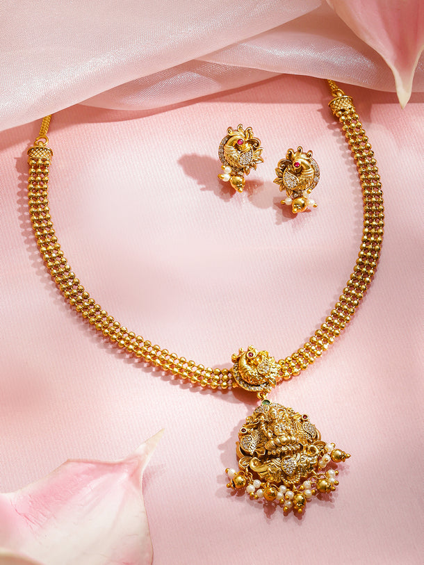 Peacock Motif Gold Beaded Temple Necklace Set