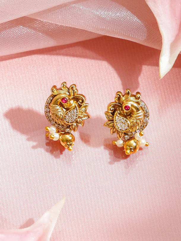 Peacock Motif Gold Beaded Temple Necklace Set