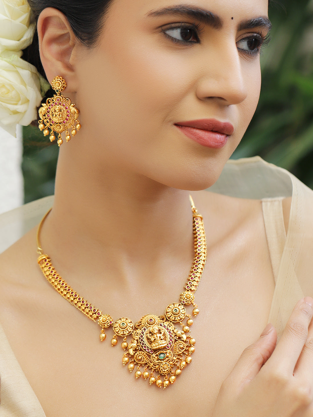 Pink-Green Blessings Lakshmi Necklace Set