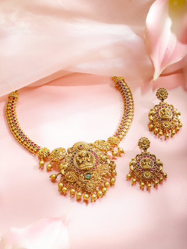 Pink Studded Laxmi Motif Gold Necklace Set