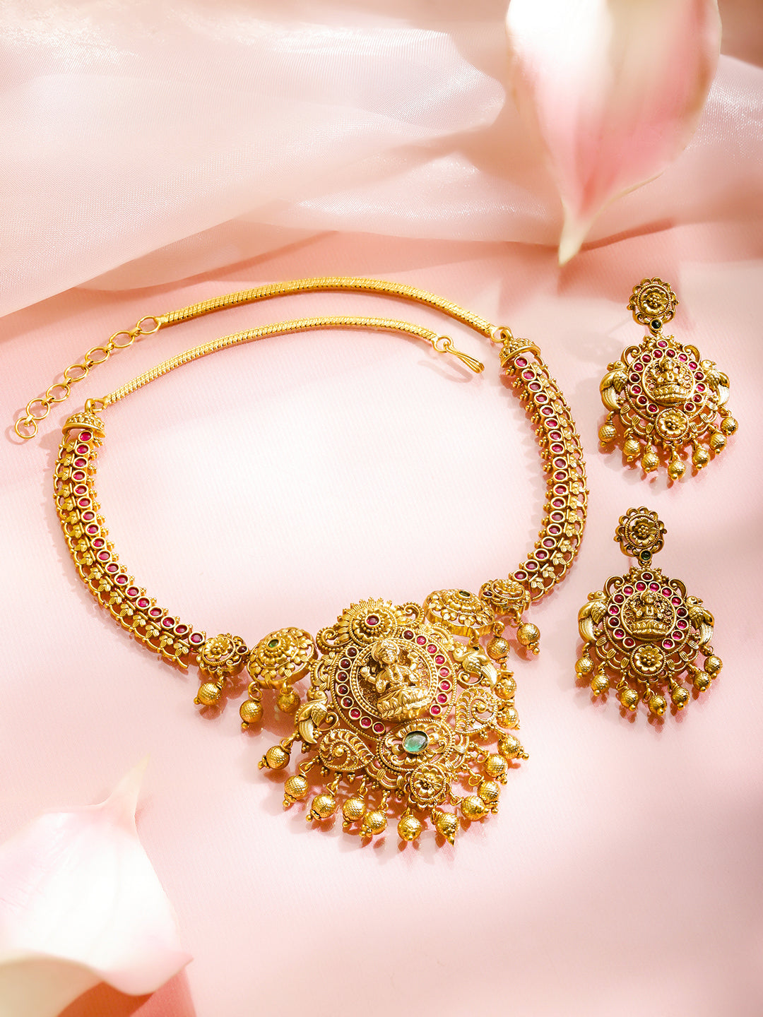 Pink-Green Blessings Lakshmi Necklace Set