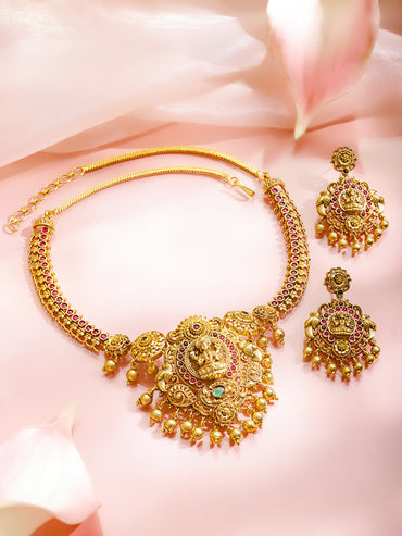 Pink-Green Blessings Lakshmi Necklace Set