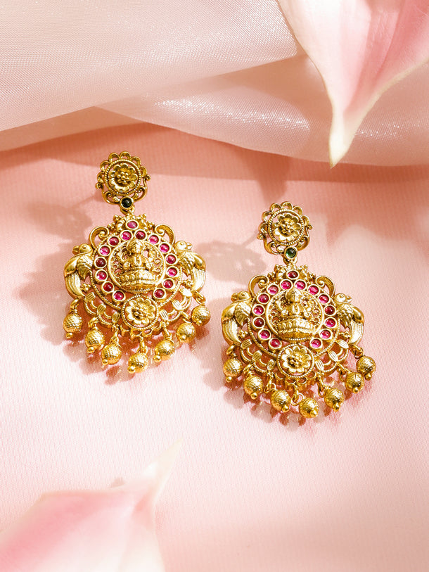 Pink Studded Laxmi Motif Gold Necklace Set
