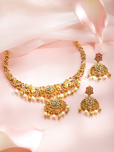 Pink & Green Spark Lakshmi Temple Necklace Set