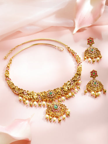 Pink & Green Spark Lakshmi Temple Necklace Set