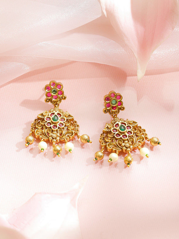 Pink & Green Spark Lakshmi Temple Necklace Set