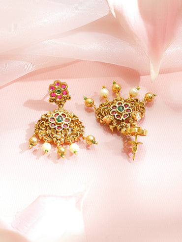 Pink & Green Spark Lakshmi Temple Necklace Set