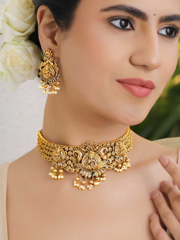 Laxmi Motif Pearl Drop Gold Choker Set